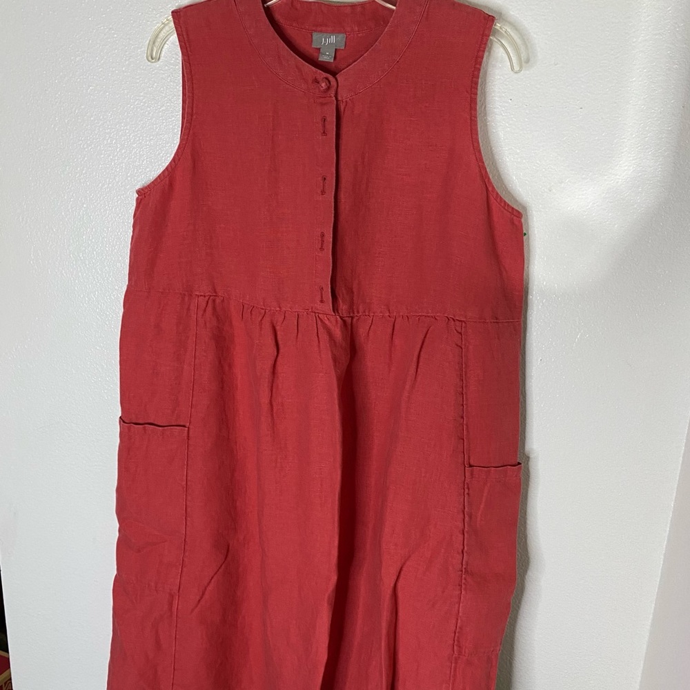 J Jill Linen Tunic Sleeveless Dress Womens Size M Burnt Orange Pockets AL 16